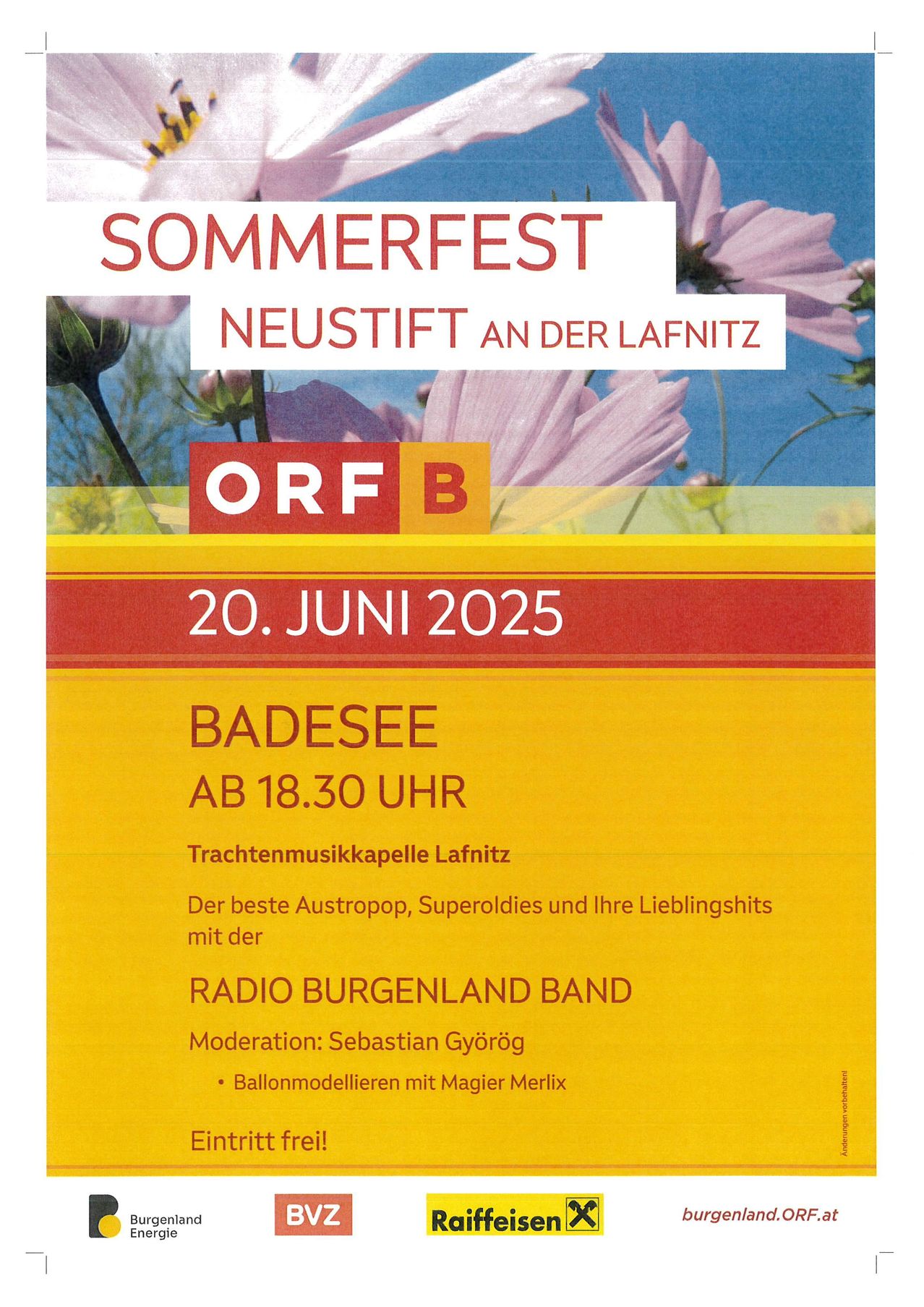 Plakat für Sommerfest Neustift an der Lafnitz am 20. Juni 2025. Beginn um 18:30 am Badesee. Features Trachtenkapellle Lafnitz, Austropop, Superoldies und Radio Burgenland Band. Moderation: Sebastian György.