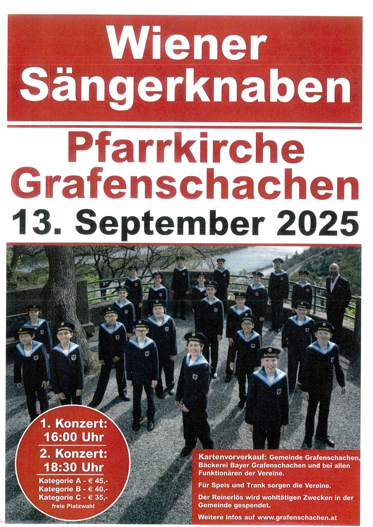 Plakat für ein Konzert des Grafensteiner Knabenchors. Es zeigt eine Gruppe junger Jungen in Uniform, mit einem Mann in Anzug dahinter. Das Konzert ist für den 13. September 2025 um 16:00 Uhr geplant.