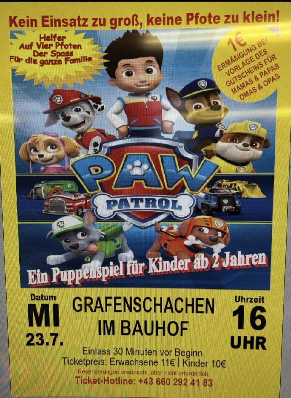 Plakat für ein Paw Patrol Puppenspiel für Kinder ab 2 Jahren. Die Veranstaltung ist am Mittwoch um 16 Uhr in Grafenschachen am Bahnhof.