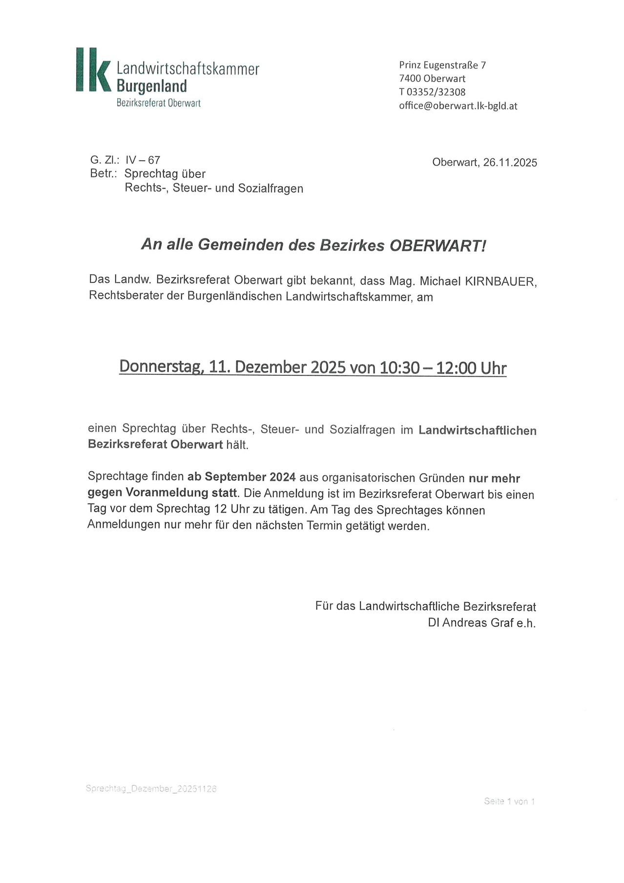 Ankündigung für einen Diskussionstag zu Rechts-, Steuer- und Sozialfragen im Landwirtschaftsbezirksamt Oberwart. Geplant für den 11. Dezember 2025 von 10:30 bis 12:00 Uhr. Anmeldungen ab September 2024 möglich.