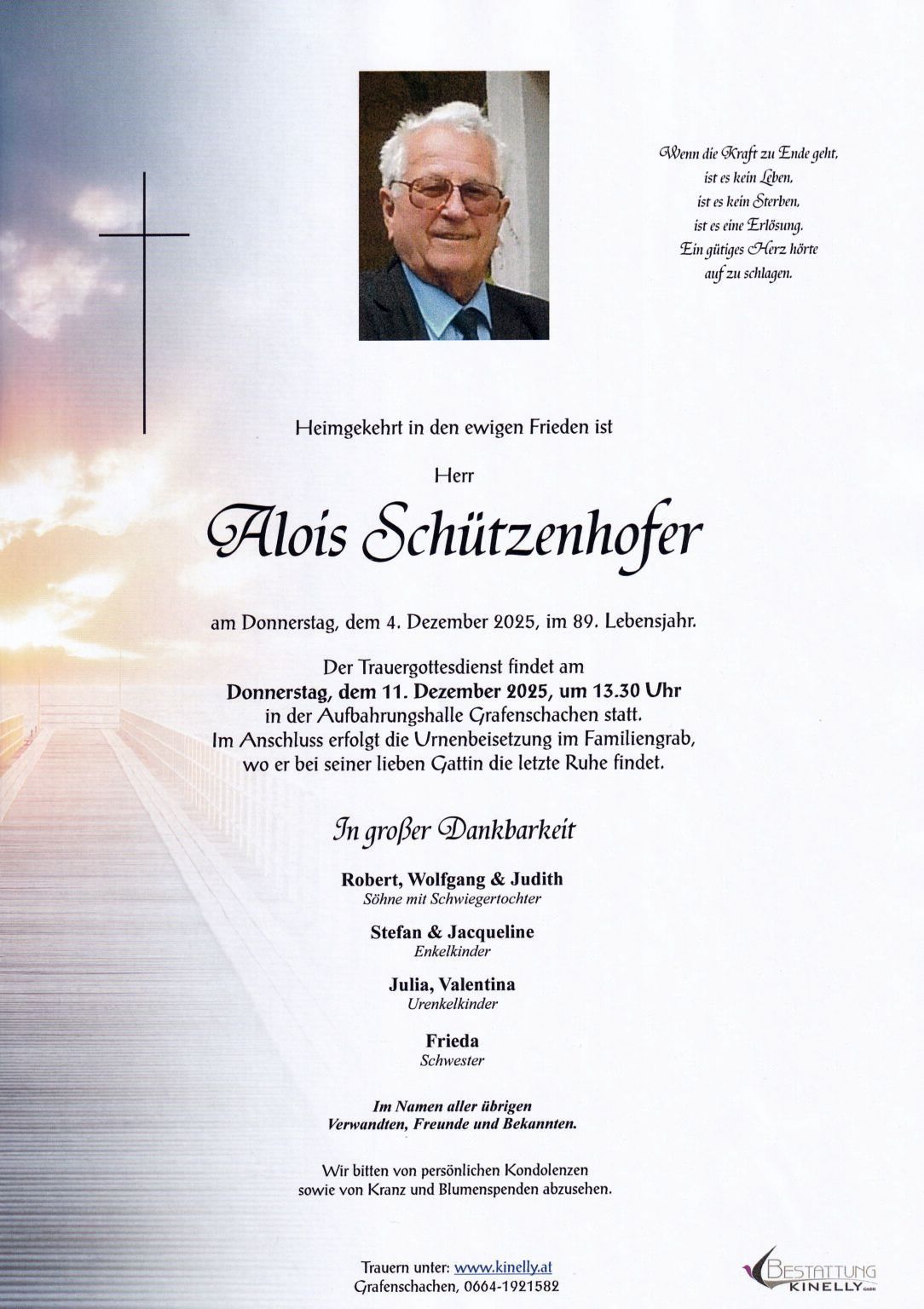 Trauerfeier für Alois Schützenhofer, 89 Jahre alt, am 11. Dezember 2025 um 13:30 Uhr in der Grabeskapelle. Familie und Freunde versammeln sich zum letzten Abschied.