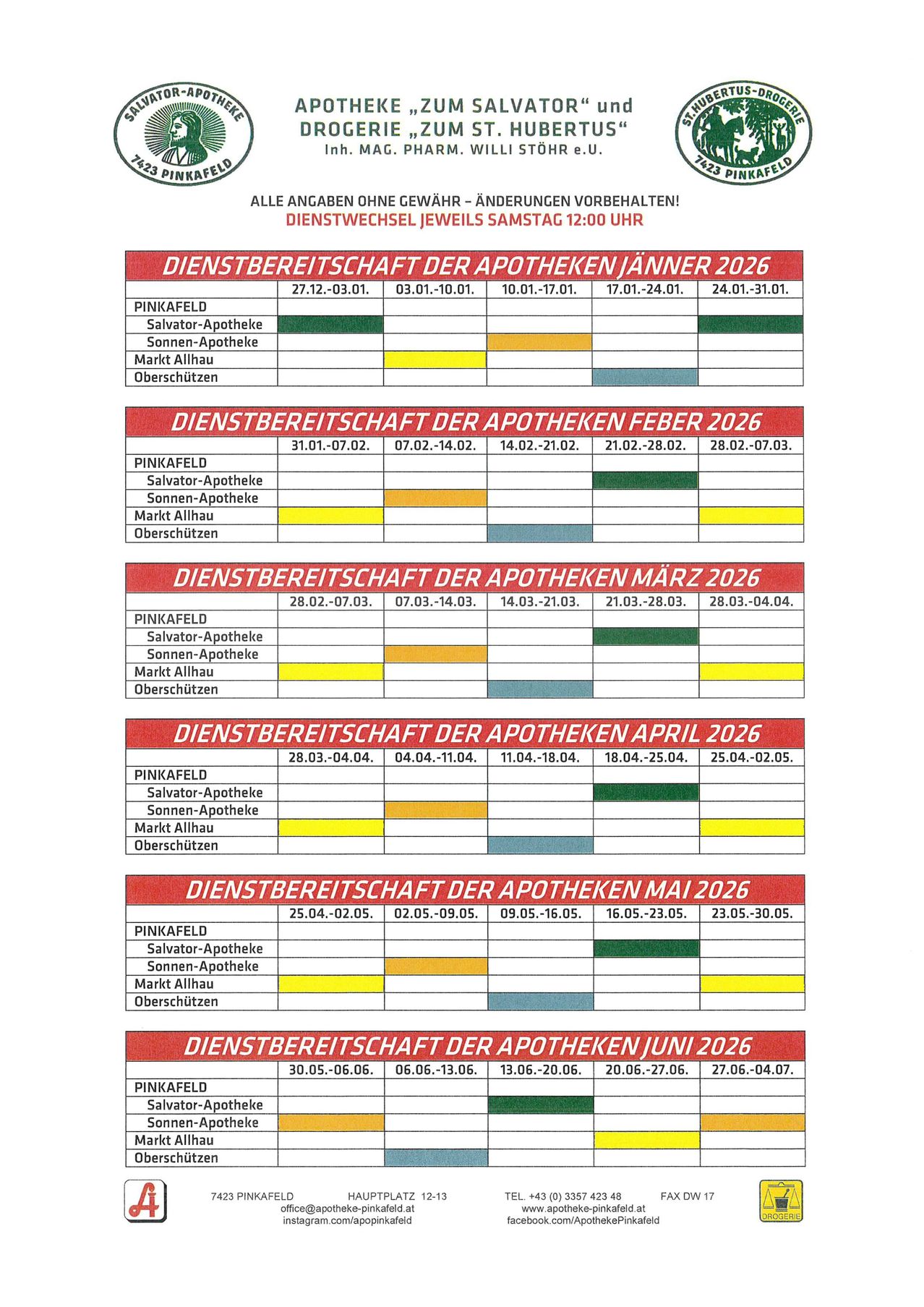 Eine Grafik, die die Verfügbarkeit verschiedener Apotheken im Jahr 2026 zeigt, einschließlich Schichtwechsel jeden Samstag um 12:00 Uhr.