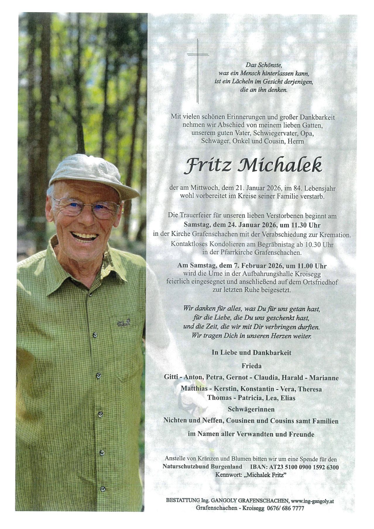 Ein Mann in Hut und Brille lächelt in die Kamera. Der Text ist eine Todesanzeige für Fritz Michalek, der am 21. Januar 2026 verstarb. Details zur Beerdigung werden angegeben.