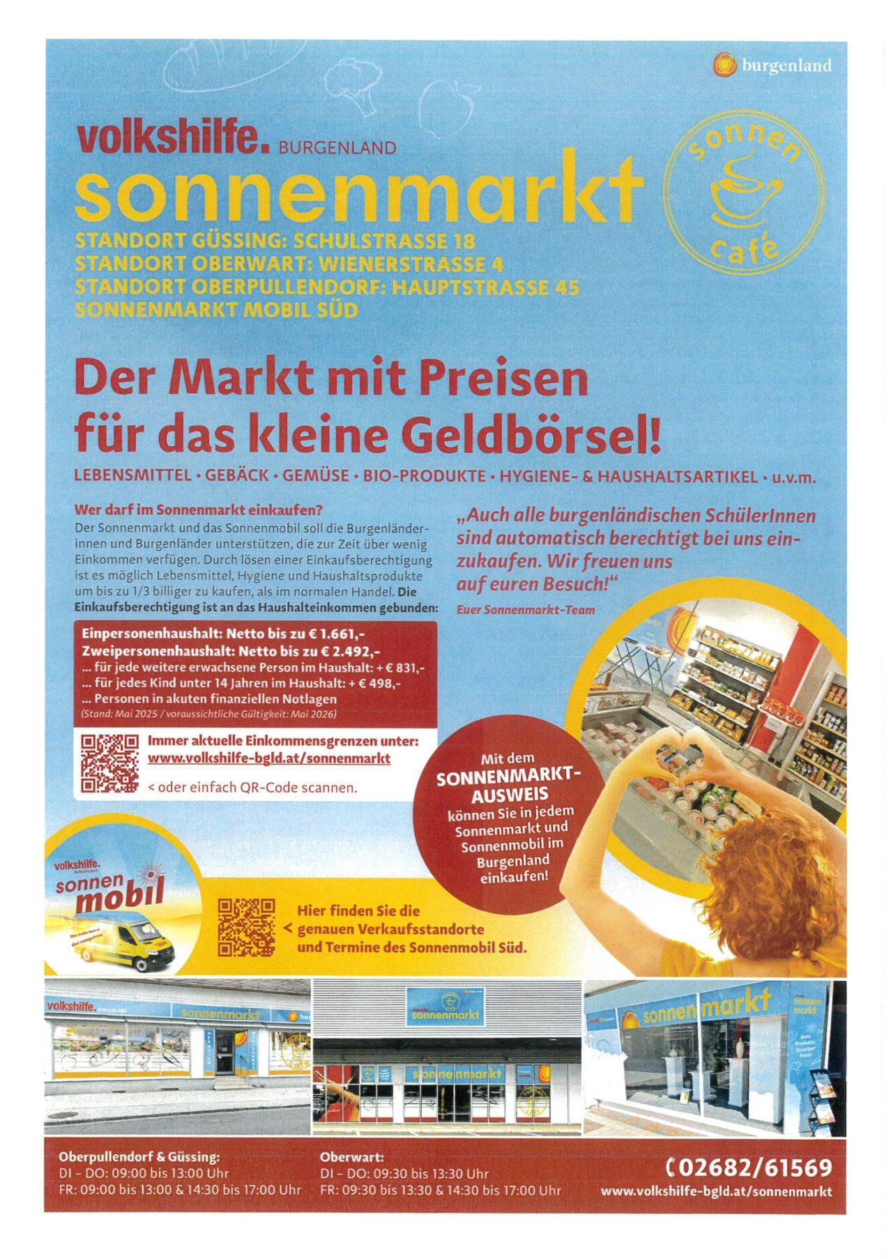 Werbung für einen mobilen Markt mit Standorten in Gussing, Oberwart und Oberpullendorf. Bietet frisches Obst und Gemüse, Hygieneartikel und Haushaltswaren. Kaufberechtigung basiert auf dem Haushaltseinkommen. QR-Code für weitere Informationen.