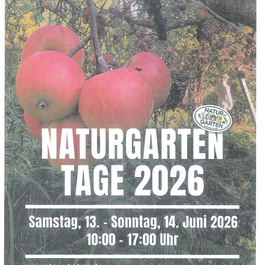 Plakat für Naturgartentage 2026. Rote Äpfel an einem Baum, Veranstaltung vom Samstag, 13. Juni bis Sonntag, 14. Juni 2026. Zeit: 10:00 - 17:00 Uhr.