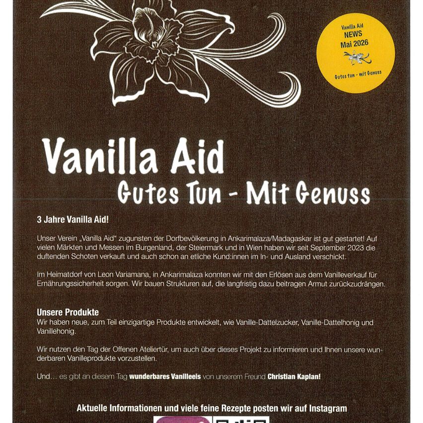 Vanilla Aid poster for an event in May 2026. Vanilla Aid is celebrating 3 years and will sell vanilla products. Vanilla Aid has created structures for poverty reduction and markets in various locations. Vanilla Aid's open day will feature vanilla products and recipes.