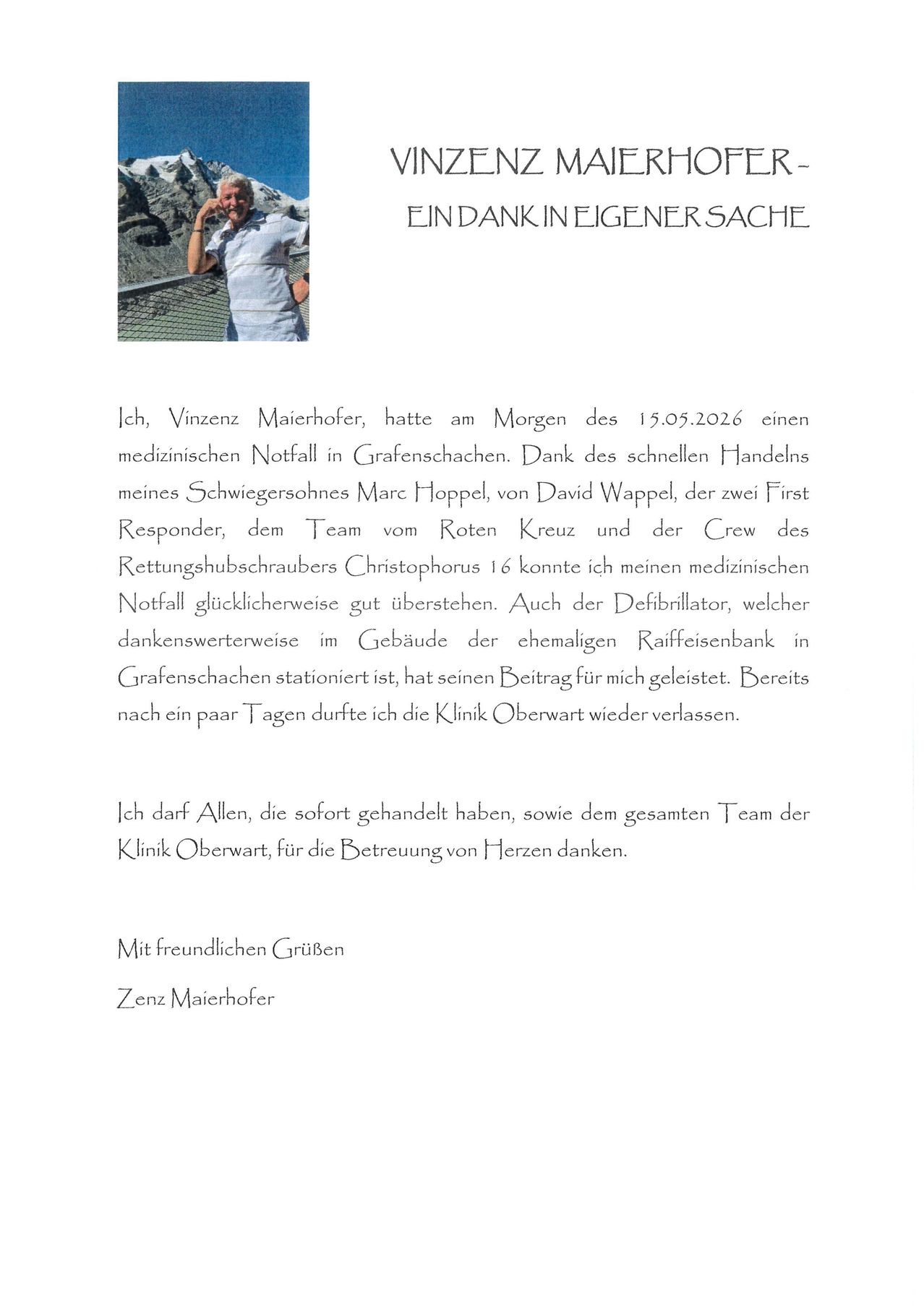 Ein Mann steht auf einer Brücke und telefoniert. Der Text lautet 'EINDANK IN EIGENERSACHE'. Der Rest des Inhalts ist ein medizinischer Notfallbericht auf Deutsch.
