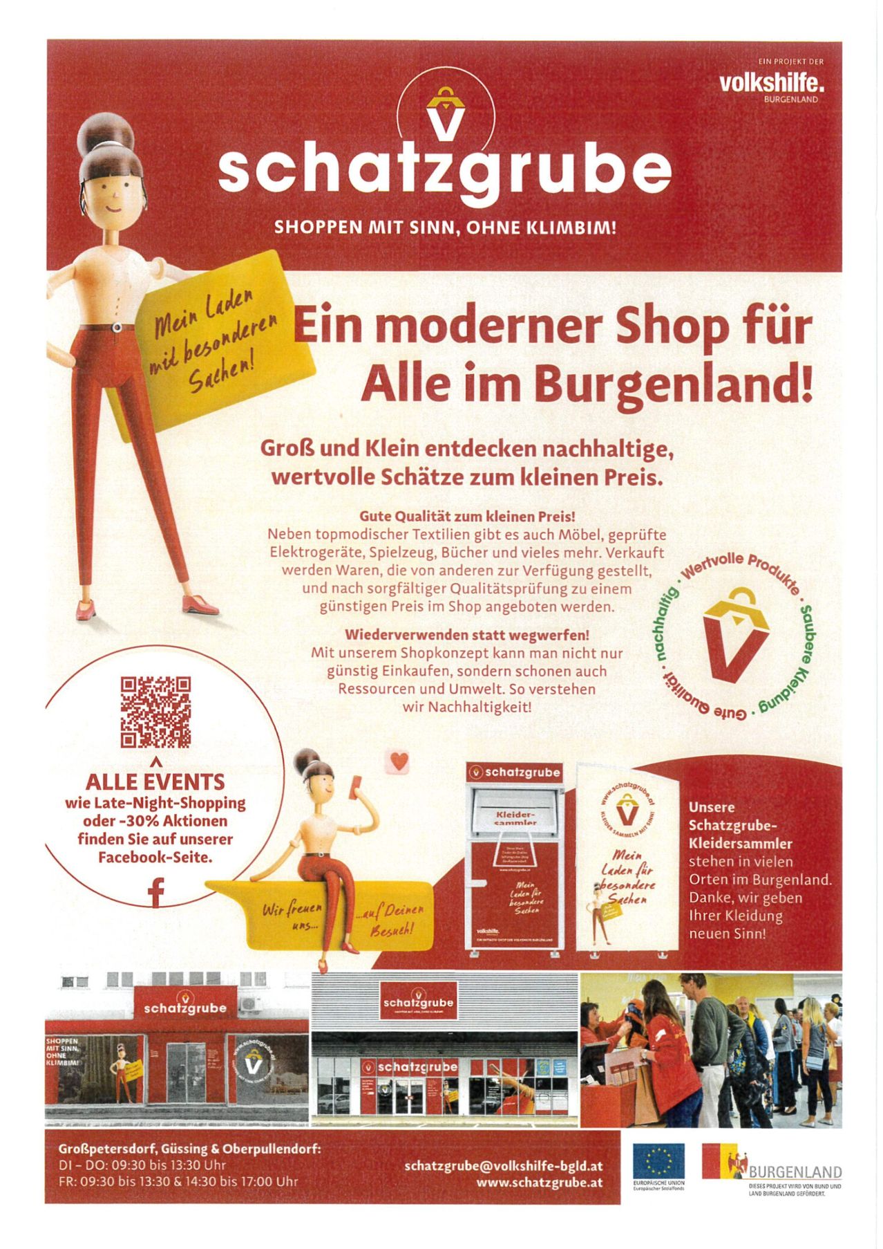 Ein Flyer für einen modernen Shop im Burgenland, der nachhaltiges Einkaufen mit hochwertigen Artikeln zu niedrigen Preisen bewirbt. Es hebt einen QR-Code für Veranstaltungen und Rabatte auf ihrer Facebook-Seite hervor.