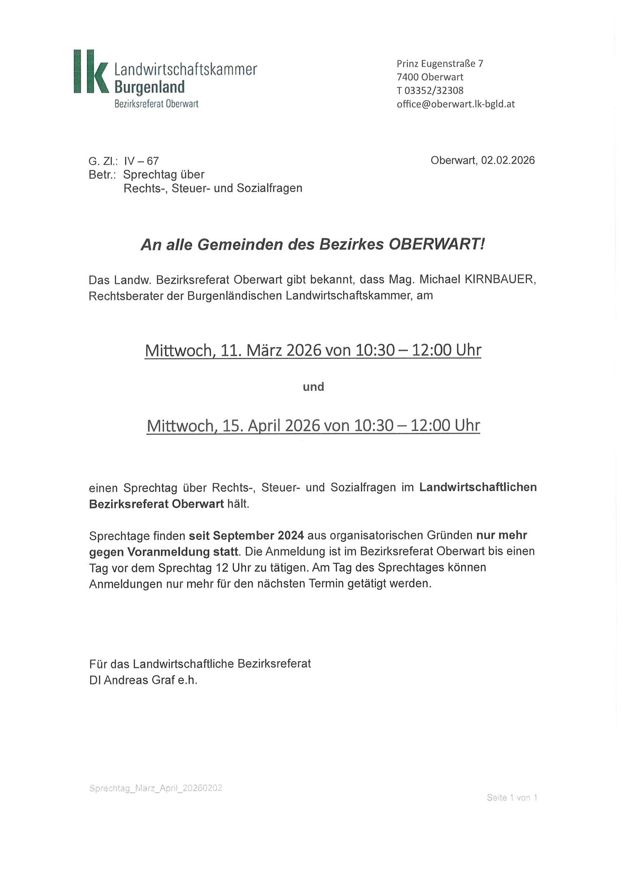 The document is an announcement from the Oberwart District Agricultural Advisory Office regarding a talk about legal, tax, and social issues. The event is scheduled for two Wednesdays in March and April 2026. Registration is accepted until noon the day before the event. The advisory office is managed by DI Andreas Graf.