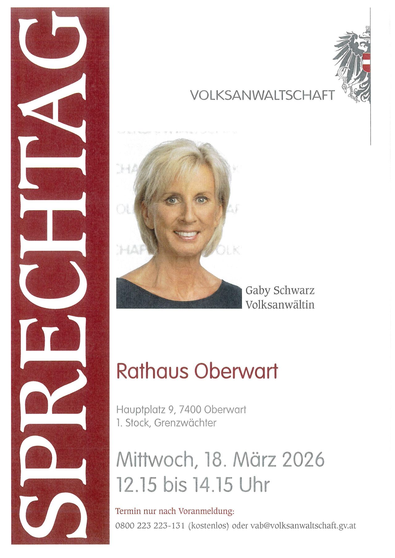 Poster featuring a woman named Gaby Schwarz, Volksanwältin, Rathaus Oberwart, address at Hauptplatz 9, 7400 Oberwart, 1st floor, Grenzwächter, event on Wednesday, March 18, 2026.