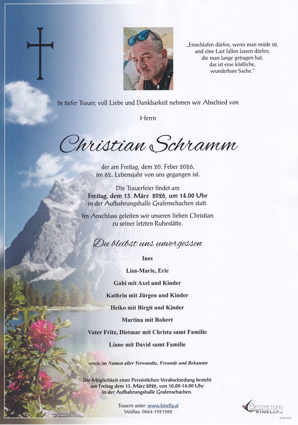 Obituary for Christian Schramm, born on February 20, 1964, who passed away at 62. The funeral service is on March 13, 2026, at 2:00 PM at the Grafensachen cremation hall. His family includes Lisa-Marie, Eric, Gabi with Axel and child, Kathrin with Jürgen and child, Heiko with Birgit and child, Martina with Robert, and Vater Fritz, Dietmar with Christa and family, Liane with David and family.