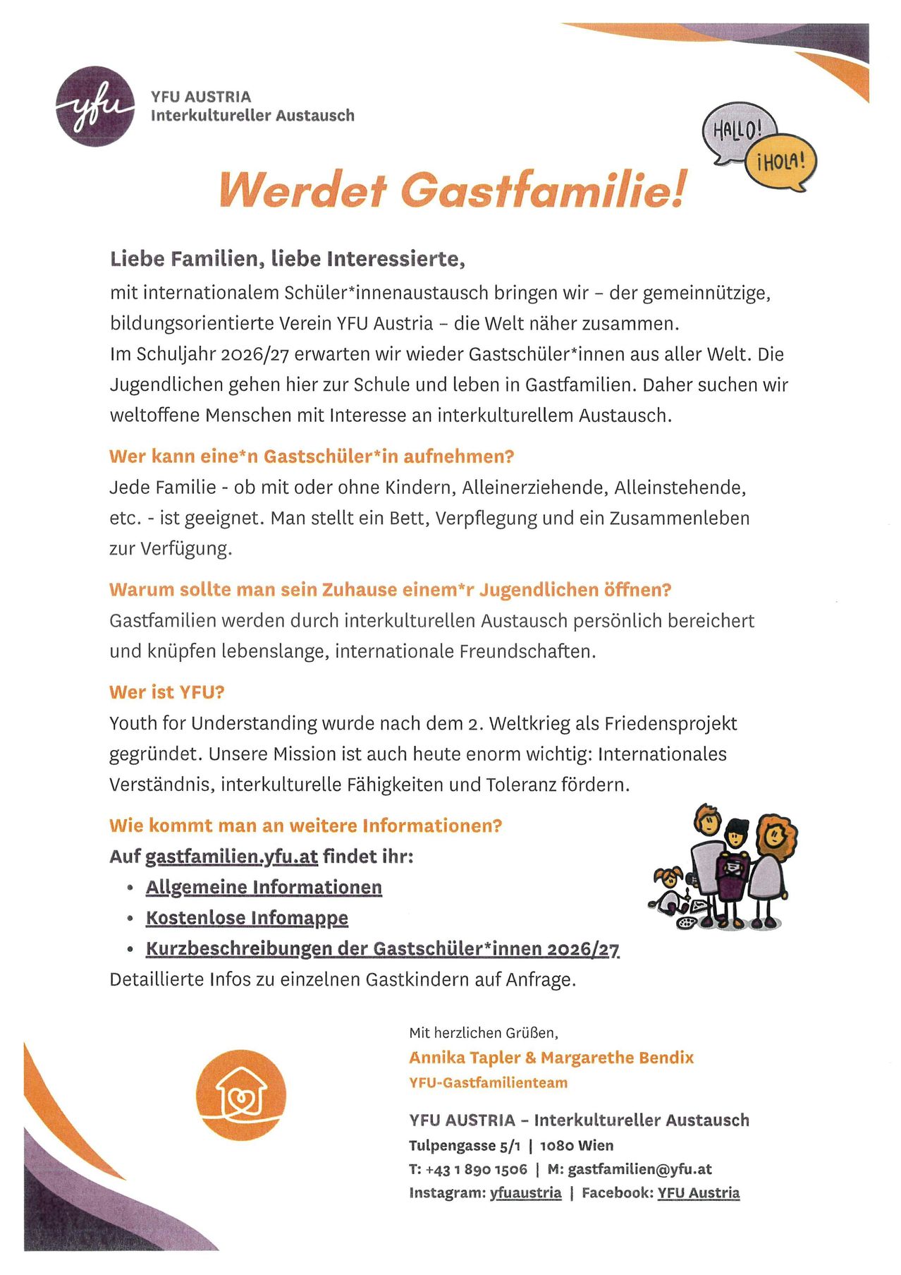 A poster advertises international student exchange, inviting families to host students, emphasizing personal enrichment and international friendships. YFU Austria seeks open-minded individuals for a cultural exchange. Details and contacts are provided on gastfamilien.yfu.at.