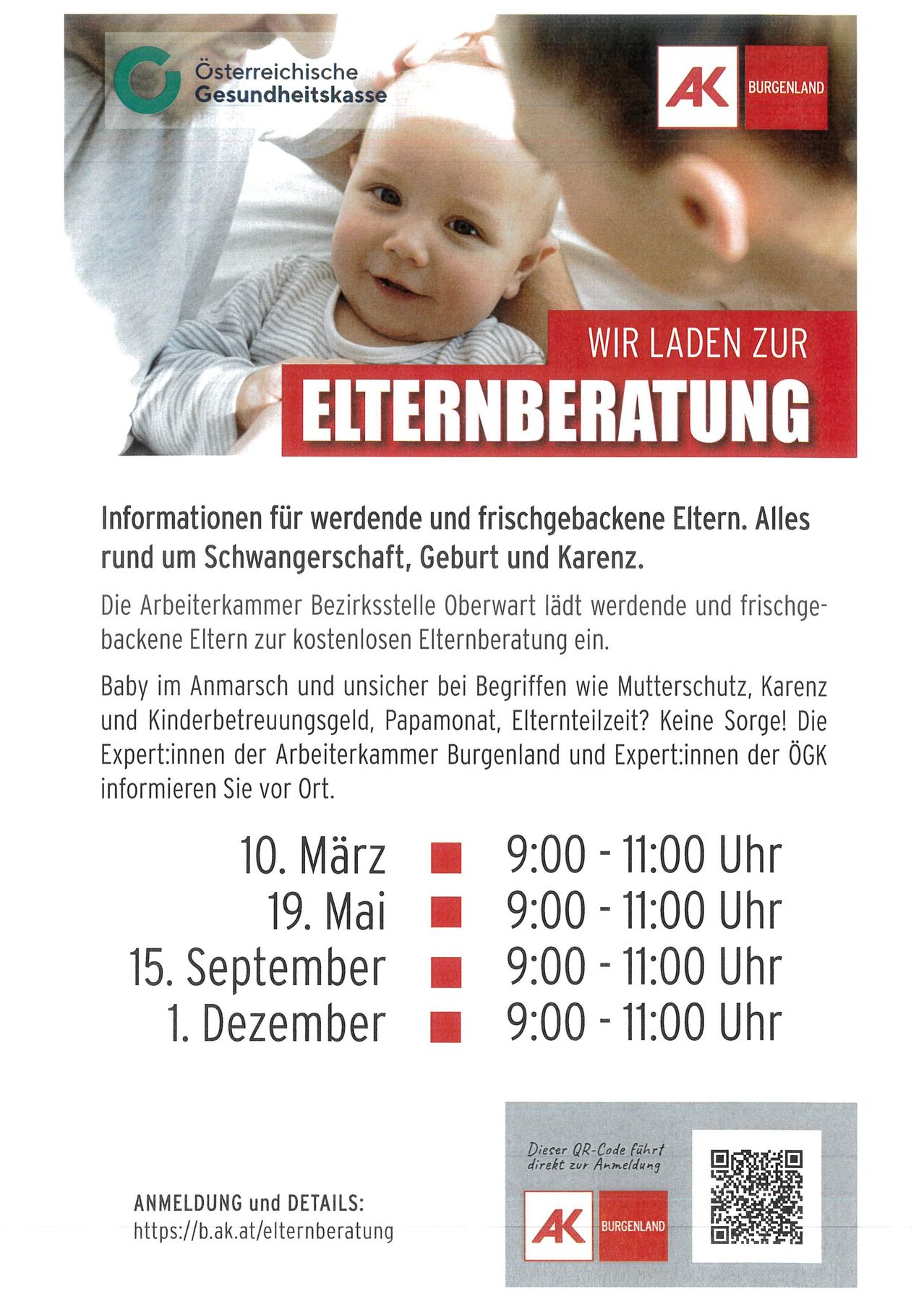 An advertisement for parental counseling with a baby, dates and times for sessions, and an invitation to contact experts for information.
