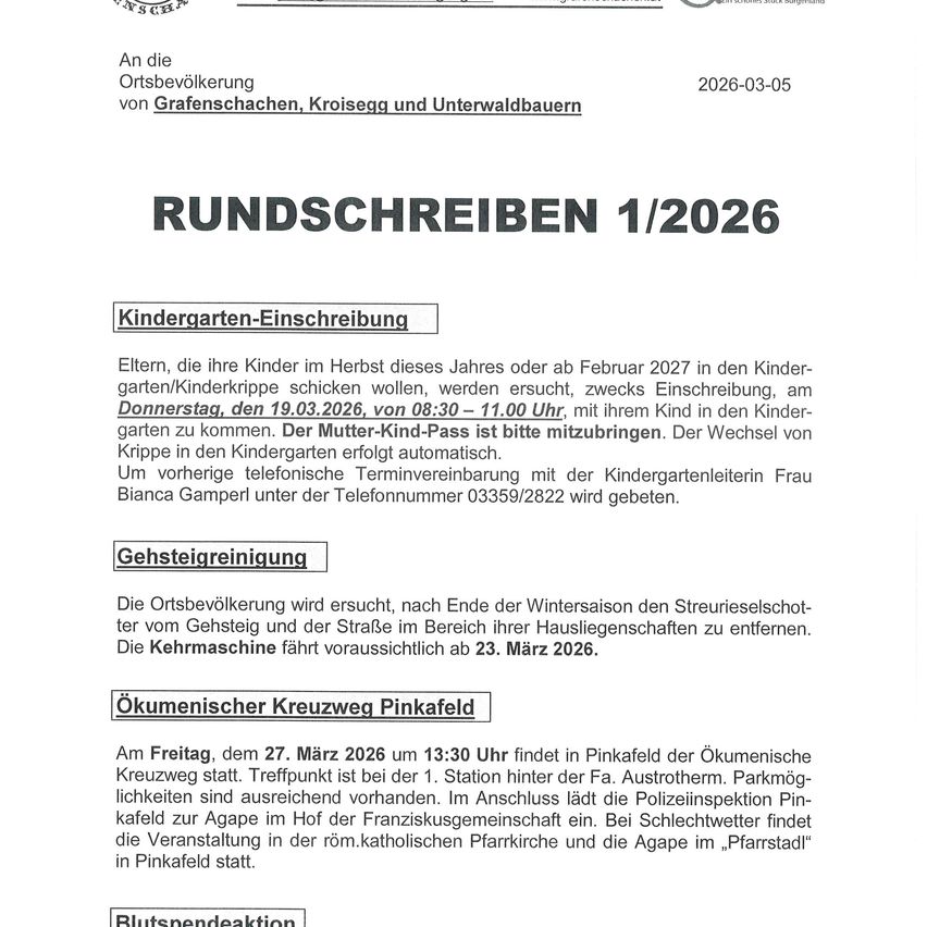 Rundschreiben 1/2026 von Grafenschachen, Kroisegg und Unterwaldbauern am 05.03.2026. Es enthält Informationen zur Kindergarteneinschreibung, Schneeräumung, der ökologischen Kreuzung in Pinkafeld und einer Blutspendeaktion.