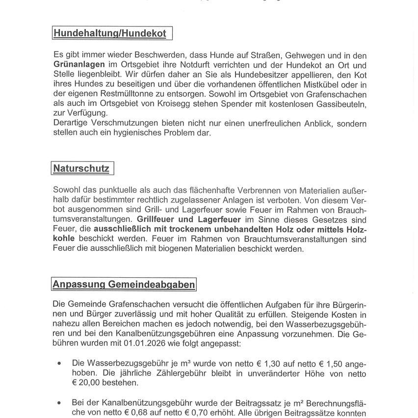 Das Dokument behandelt Beschwerden über Hunde, die auf Straßen, Wegen und in Grünflächen herumlaufen. Es fordert Hundebesitzer auf, ihre Hunde unter Kontrolle zu halten und ihren Abfall zu entsorgen oder in ihre eigenen Abfallbehälter zu sammeln. Abfallbehälter stehen in den Ortschaften Grafenstein und Kroisegg zur Verfügung. Diese Behälter bieten nicht nur einen ungestörten Blick, sondern lösen auch Hygieneprobleme.