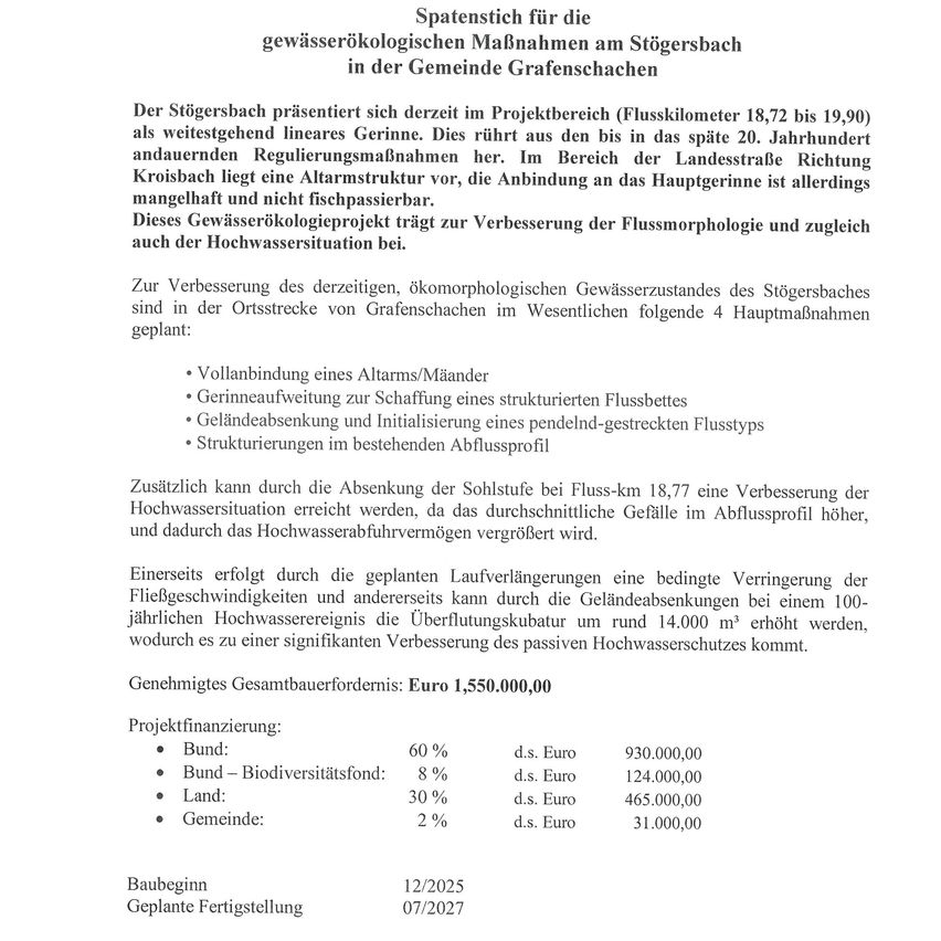 Der Stögersbach präsentiert sich derzeit im Projektbereich (Flusskilometer 18,72 bis 19,90) als weitestgehend lineares Gerinne. Dies rührt aus den bis in das späte 20. Jahrhundert andauernden Regulierungsmaßnahmen her. Im Bereich der Landesstraße Richtung Kroisbach liegt eine Alarmstruktur vor, die Anbindung an das Hauptgerinne ist allerdings mangelhaft und nicht fischpassierbar. Dieses Gewässeroekologischeprojekt trägt zur Verbesserung der Flussmorphologie und zugleich auch der Hochwassersituation bei.