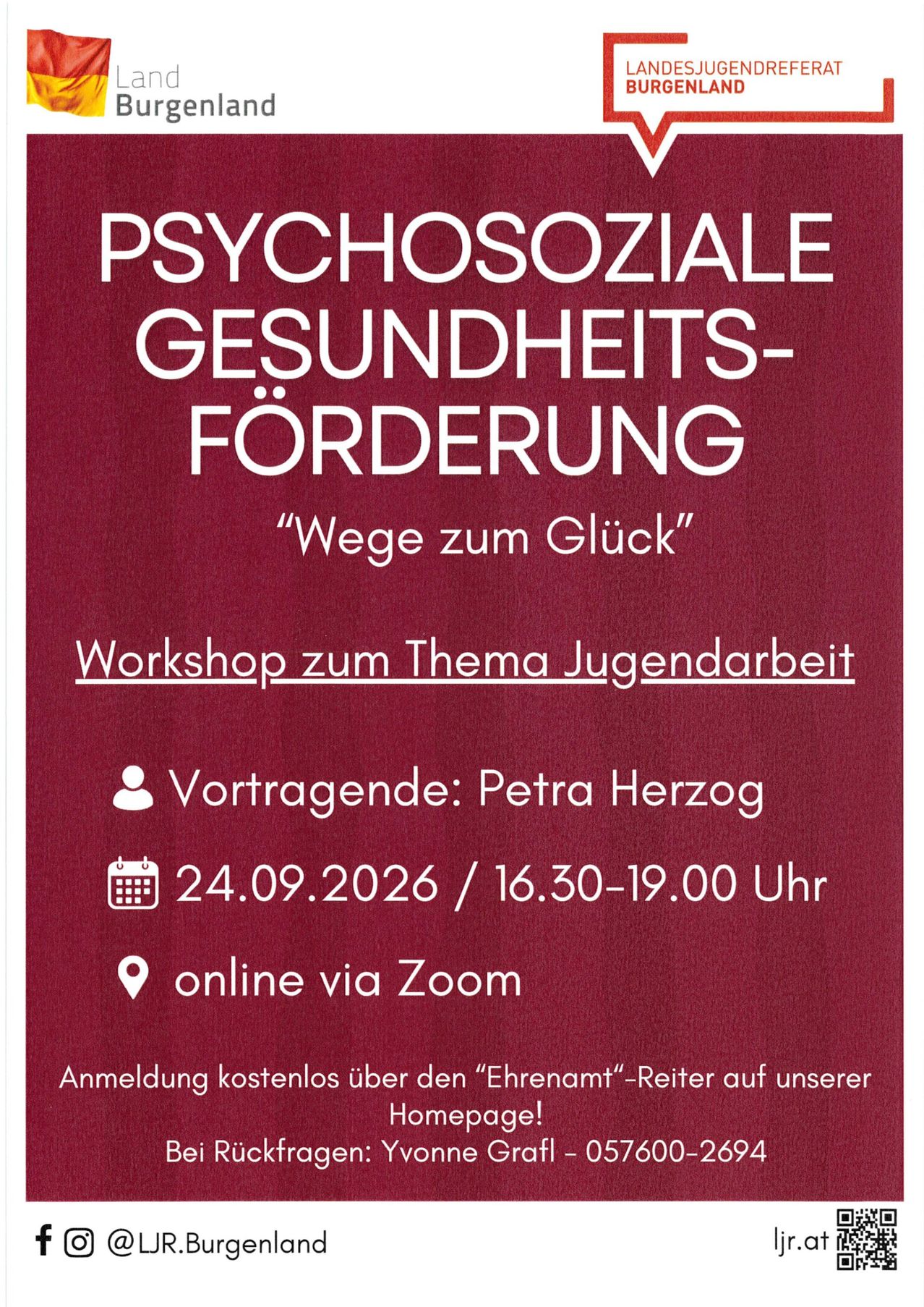 Ein Workshop mit dem Titel 'Psychosoziale Gesundheits-Förderung' am 24.09.2026 von 16:30 bis 19:00 Uhr, präsentiert von Petra Herzog, findet online über Zoom statt. Die Anmeldung ist kostenlos.