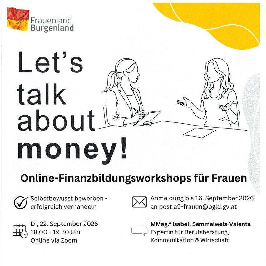 Ein Werbeposter für Online-Finanzbildungsworkshops für Frauen. Es zeigt ein Logo, ein Datum und eine kurze Beschreibung des Events. Zwei Frauen sind in einer Diskussion abgebildet.