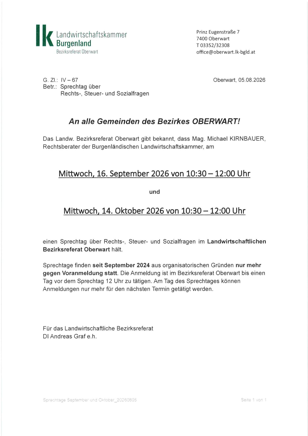 Dokument, das eine Rechtsberatungssitzung am 16. September und 14. Oktober 2026 ankündigt, organisiert vom landwirtschaftlichen Bezirksamt Oberwart. Die Sitzung behandelt rechtliche, steuerliche und soziale Fragen. Die Anmeldung schließt 12 Stunden vor der Veranstaltung.