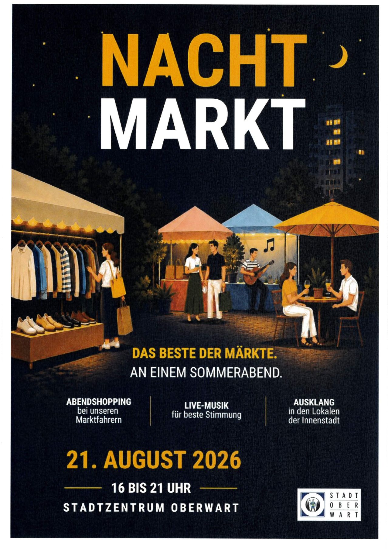 Plakat, das einen Abendmarkt mit Ständen, Live-Musik und Entspannung im Stadtzentrum am 21. August 2026 bewirbt.