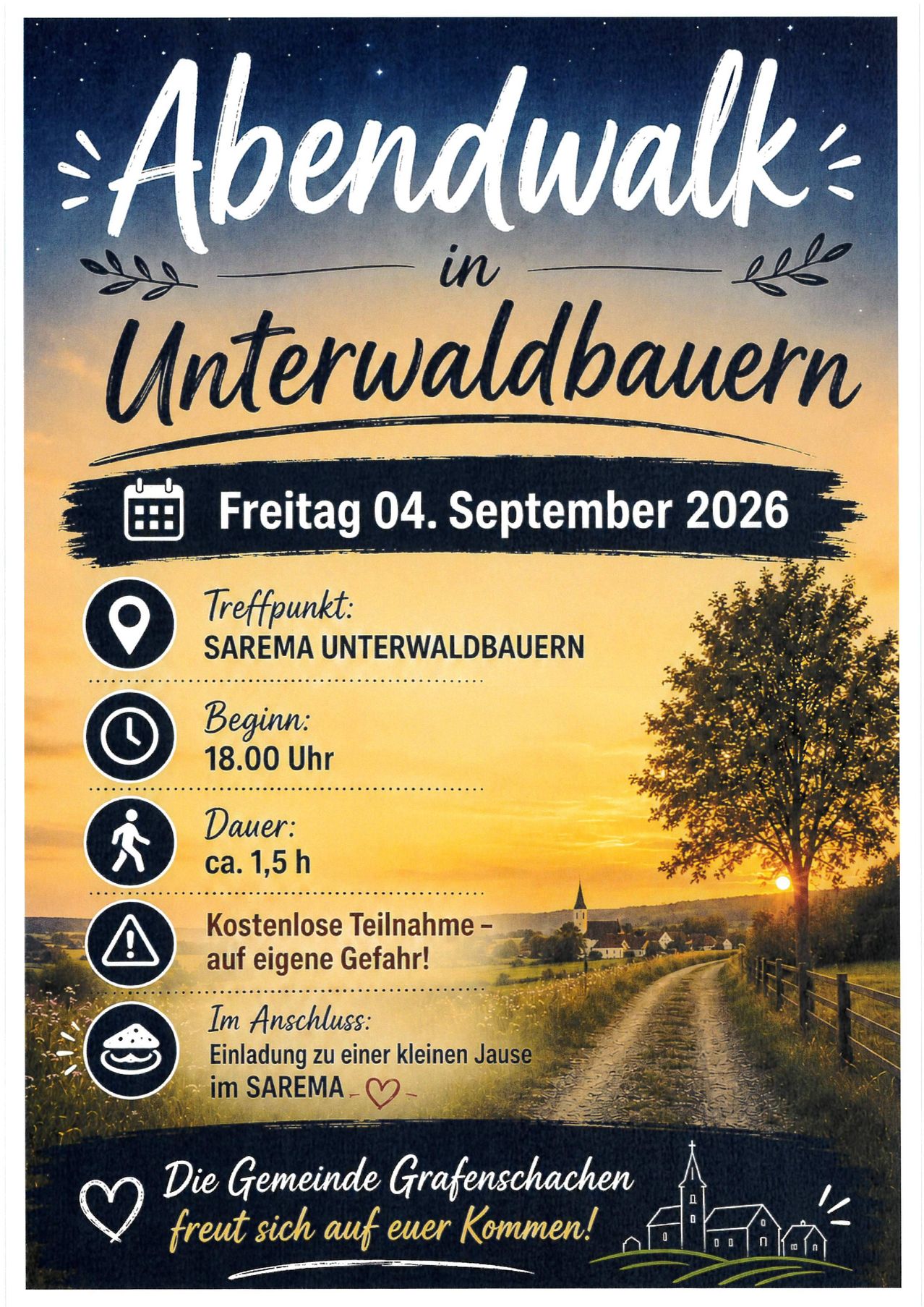 Plakat für eine kostenlose Veranstaltung am 4. September 2026 in Unterwaldbauern. Die Veranstaltung beginnt um 18.00 Uhr und dauert etwa 1,5 Stunden. Es beinhaltet eine Zusammenkunft bei SAREMA Unterwaldbauern mit kostenloser Teilnahme und einem kleinen Treffen bei SAREMA.