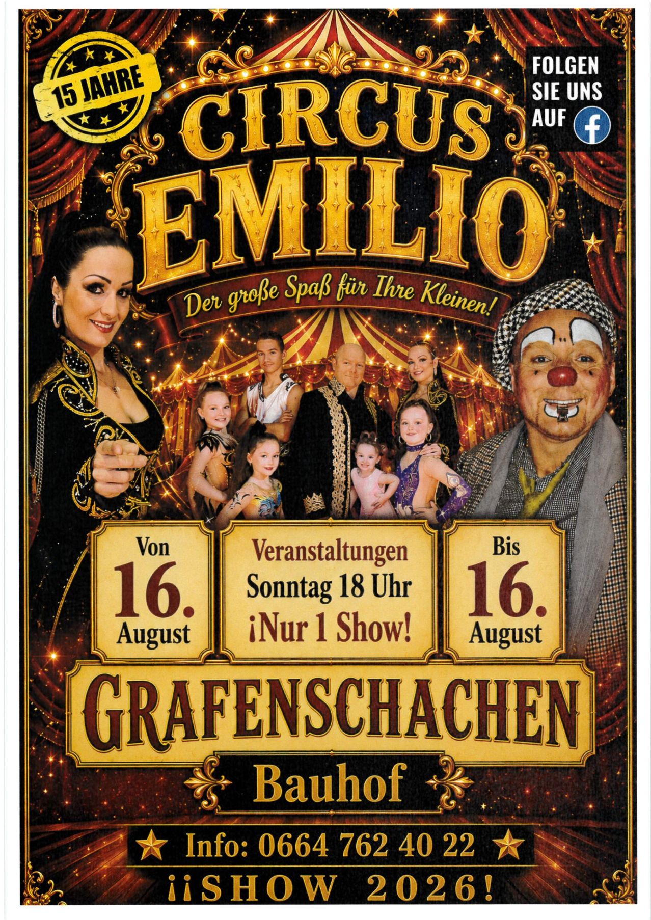 Ein Plakat für Circus Emilio mit einer lächelnden Frau, einem Clown und einer Künstlerfamilie. Das Plakat enthält einen Zeitplan für Aufführungen am 16. August.