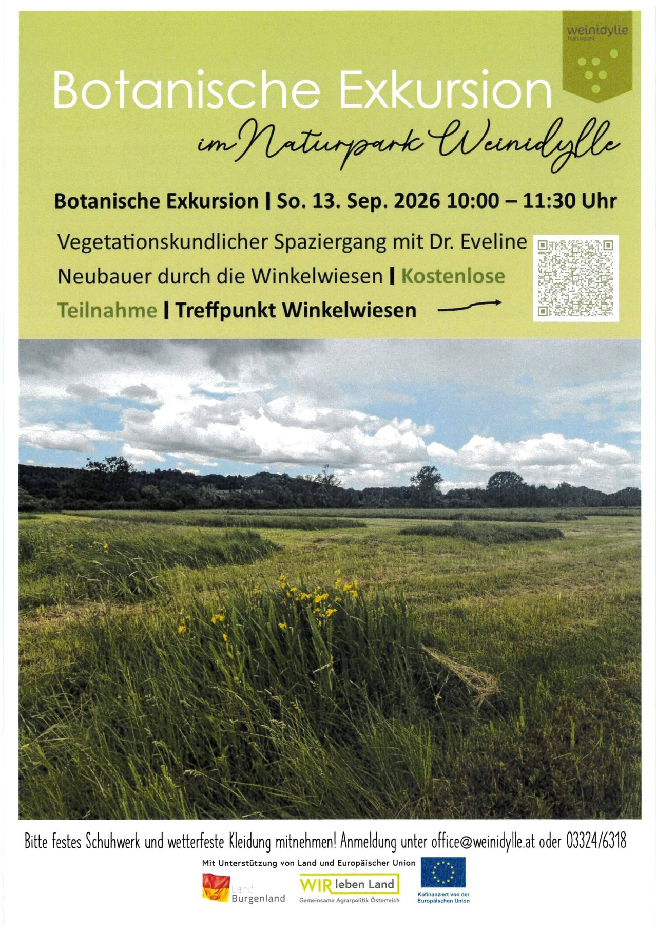 A poster for a botanical excursion in a national park, featuring a scenic landscape with a field and trees under a cloudy sky. The event is scheduled for September 13, 2026, from 10:00 to 11:30 AM.