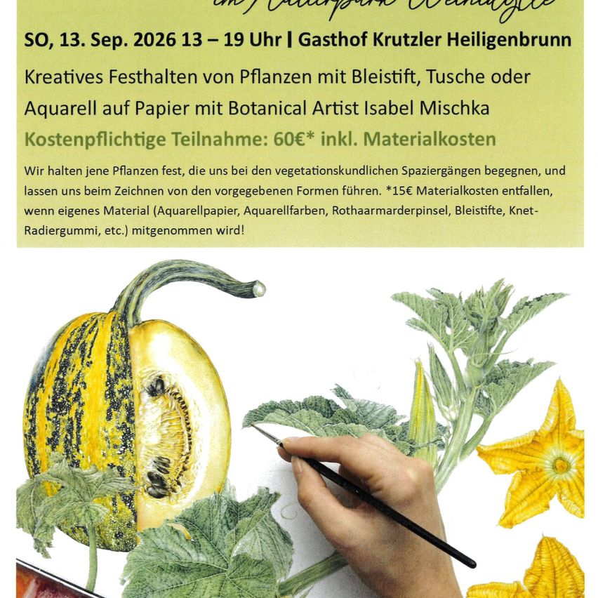 Ein botanisches Zeichenworkshop mit Isabel Mischka am 13. September 2026 von 13-19 Uhr im Gasthof Krutzler Heiligenbrunn. Kreative Pflanzendarstellungen mit Bleistift, Tusche oder Aquarell auf Papier. Kosten: 60€ inkl. Materialkosten. Zusätzliche Materialkosten 15€.