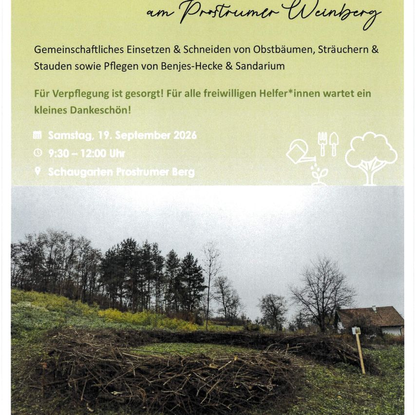 A flyer for a community event on September 19, 2026, featuring a photo of a field with trees and a house in the background. The event includes tree pruning and care for shrubs and hedges.