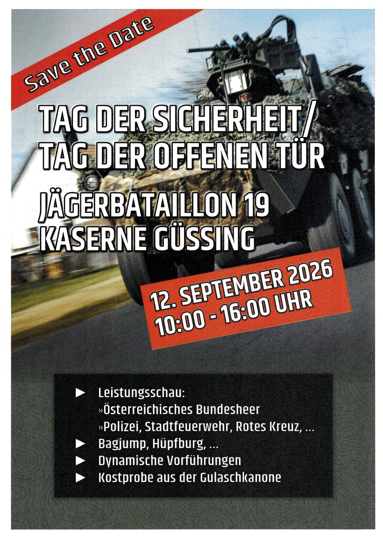 Plakat für den Tag der Sicherheit/Tag der offenen Tür beim 19. Jägerbataillon in Güssing am 12. September 2026 mit einem Militärfahrzeug und Details zur Veranstaltung.