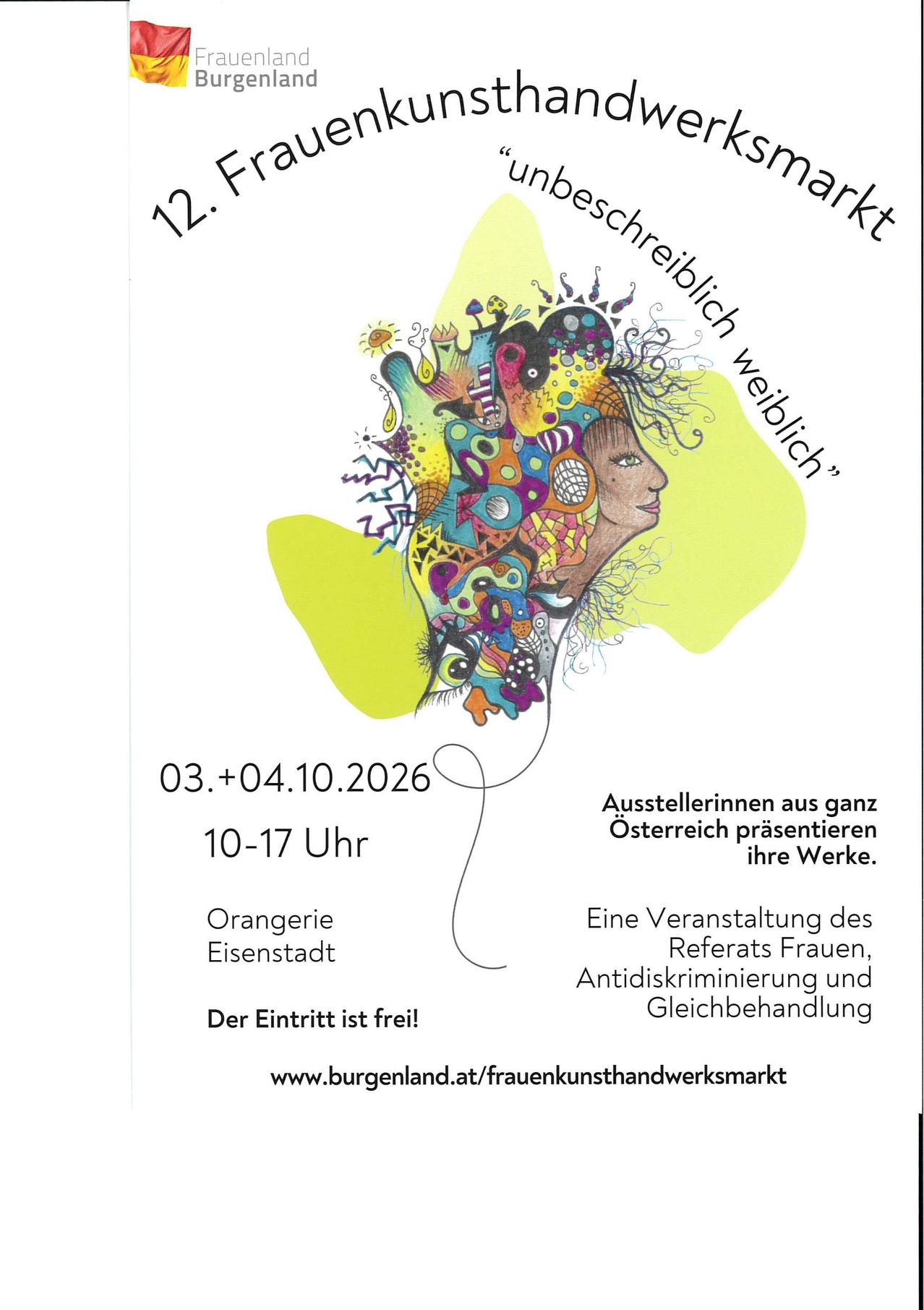 Plakat für eine Kunstausstellung in Eisenstadt mit einer farbenfrohen, abstrakten Illustration des Gesichts einer Frau. Die Veranstaltung ist kostenlos und läuft vom 3. bis 4. Oktober 2026.