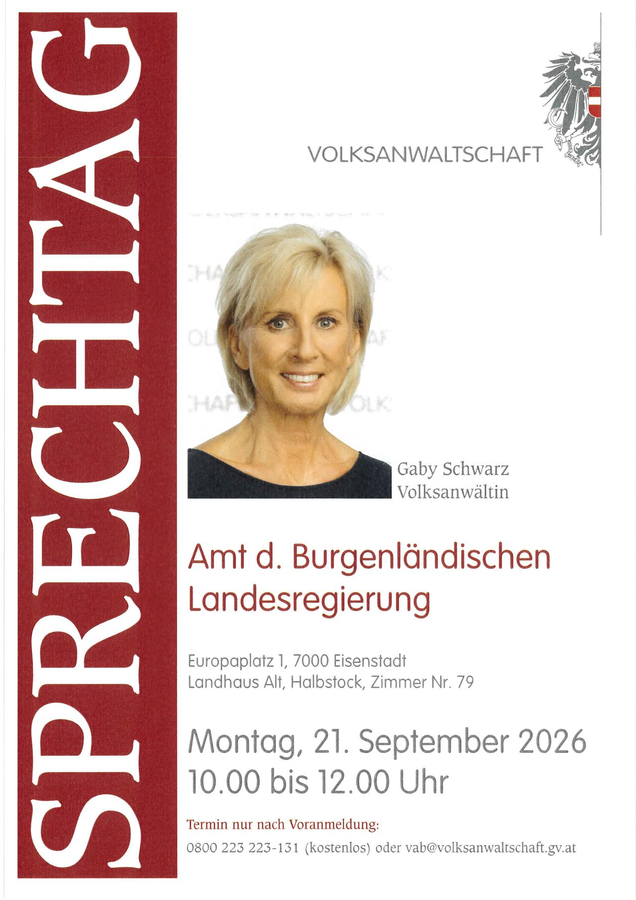 Ein Plakat mit einer lächelnden Frau namens Gaby Schwarz, einer Volksanwaltin, mit den Veranstaltungsdetails für den 21. September 2026 im Amt der Burgenländischen Landesregierung in Eisenstadt.