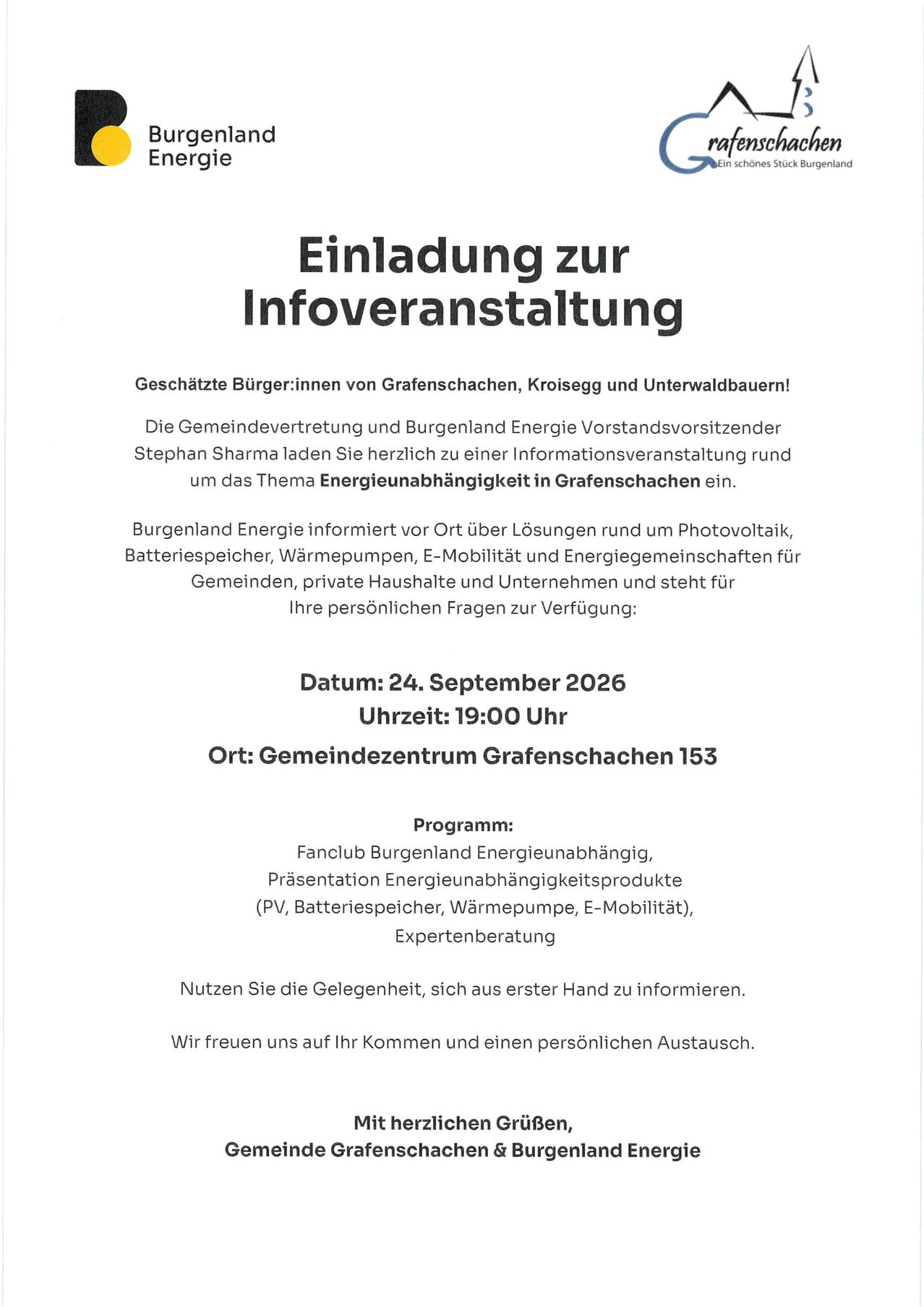 Einladung zur Informationsveranstaltung über Energieunabhängigkeit in Grafenschachen. Organisiert von den Gemeindevertretern und Burgenland Energie. Datum: 24. September 2026, Zeit: 19:00 Uhr, Ort: Gemeindezentrum Grafenschachen 153.