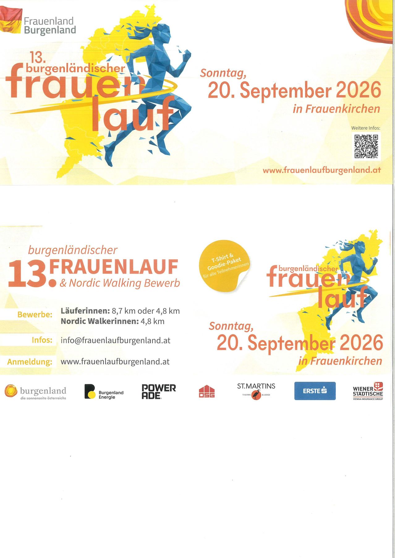 Plakat für den 13. Burgenland Frauenlauf mit Läufersilhouette, Veranstaltungsdetails und Sponsoren. Datum: 20. September 2026.