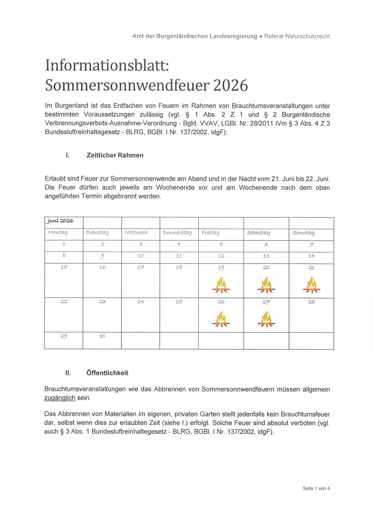 Das Bild zeigt ein Dokument über die Verwendung von Feuerstellen bei Sommersonnenwende-Feiern in Burgenland, Österreich. Es listet den rechtlichen Zeitrahmen für Feuerstellen auf und betont, dass das Verbrennen von Materialien in privaten Gärten verboten ist.