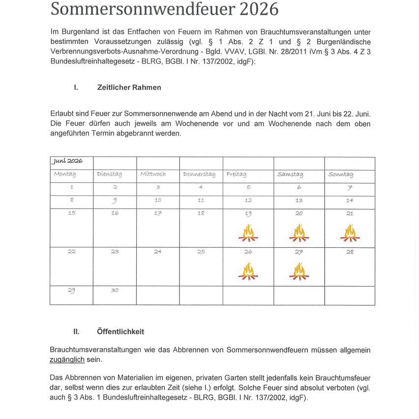 Das Bild zeigt ein Dokument über die Verwendung von Feuerstellen bei Sommersonnenwende-Feiern in Burgenland, Österreich. Es listet den rechtlichen Zeitrahmen für Feuerstellen auf und betont, dass das Verbrennen von Materialien in privaten Gärten verboten ist.