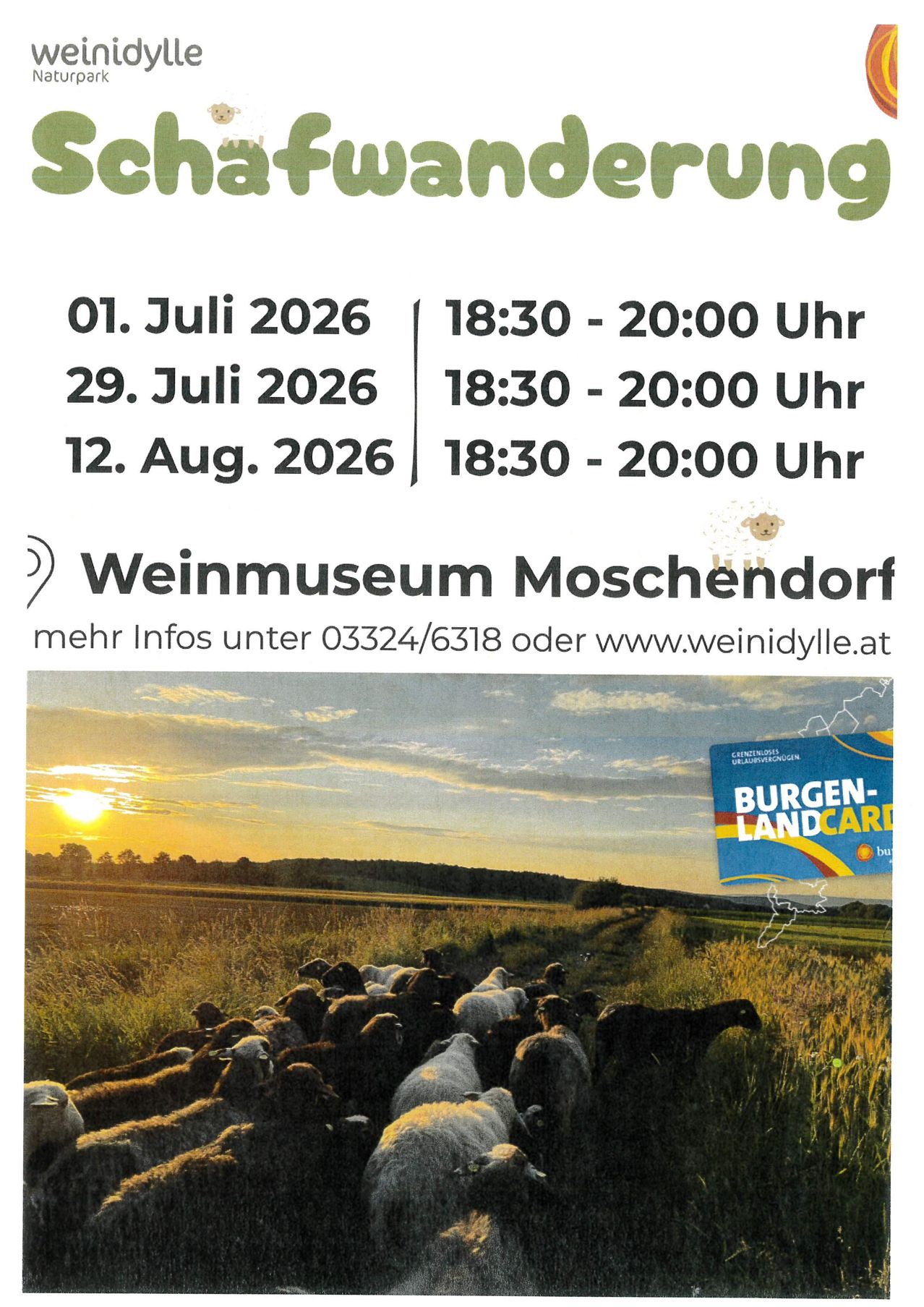 Das Weinmuseum Moschendorf ist am 01.07, 29.07 und 12.08 2026 von 18:30 bis 20:00 Uhr geöffnet. Weitere Informationen unter 03324/6318 oder www.weinidylle.at.