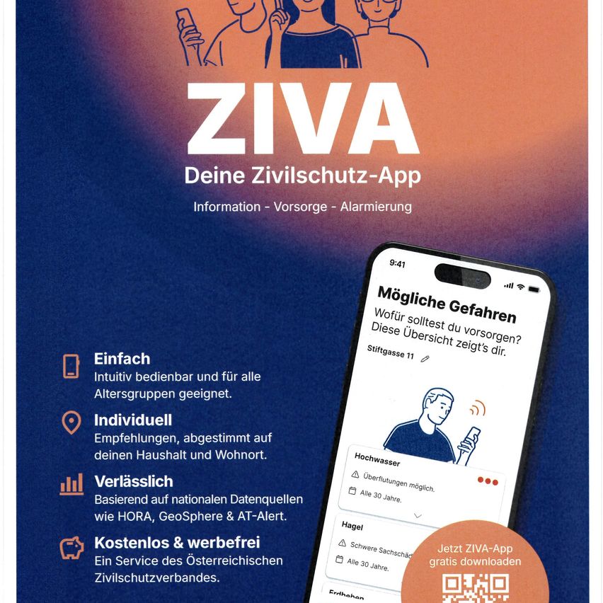 Werbung für ZIVA, eine Zivilschutz-App. Sie hebt Funktionen wie intuitive Bedienung, individuelle Empfehlungen, Zuverlässigkeit und kostenlosen Service hervor. Die App wird auf einem Smartphone mit QR-Code zum Download gezeigt.