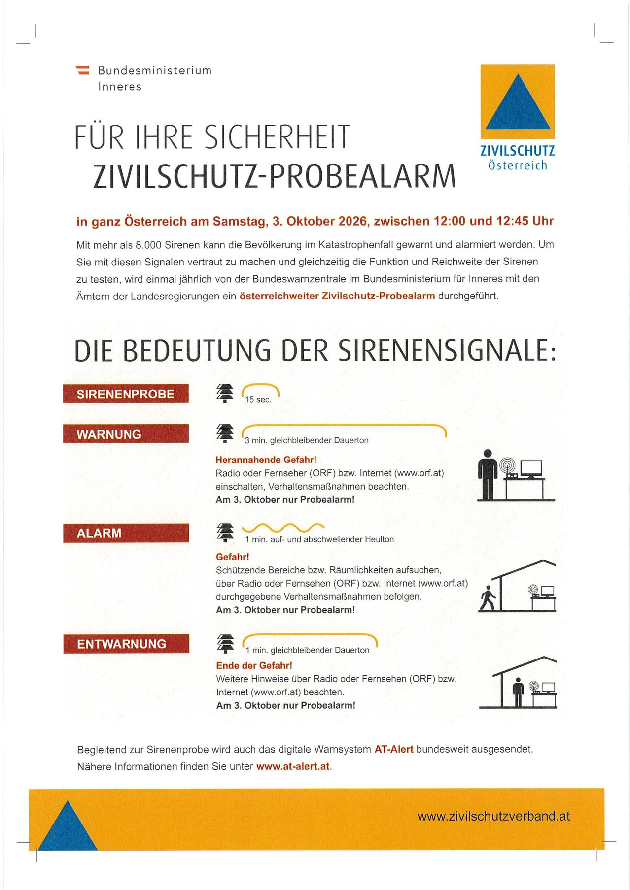 Das Bild ist ein Plakat für einen Zivilschutz-Probealarm in Österreich am 3. Oktober 2026 zwischen 12:00 und 12:45 Uhr. Es enthält Anweisungen für verschiedene Sirenensignale und die zu ergreifenden Maßnahmen.