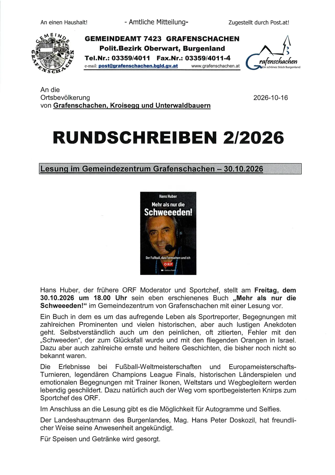 Ein Rundschreiben vom Gemeindeamt 7423 Grafenschachen mit dem Titel 'Rundschreiben 2/2026', das die Öffentlichkeit zu einer Lesung am 30. Oktober 2026 einlädt, bei der Hans Hubers Buch 'Mehr als nur die Schweeden!' vorgestellt wird.