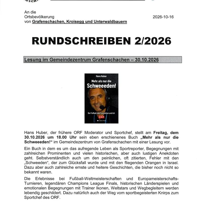 Ein Rundschreiben vom Gemeindeamt 7423 Grafenschachen mit dem Titel 'Rundschreiben 2/2026', das die Öffentlichkeit zu einer Lesung am 30. Oktober 2026 einlädt, bei der Hans Hubers Buch 'Mehr als nur die Schweeden!' vorgestellt wird.