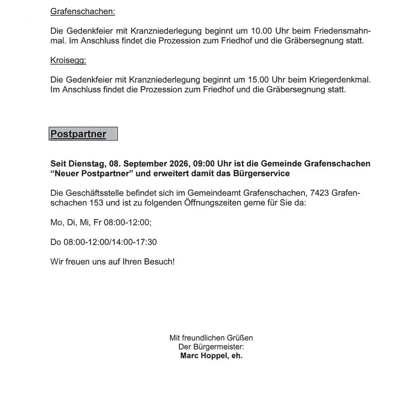 Ein Dokument mit dem Titel 'Mahnmalfeier und Gräbersegenung 01.11.2026'. Es enthält Informationen über die Gedenkfeier und die Grabsegnung am 1. November 2026.