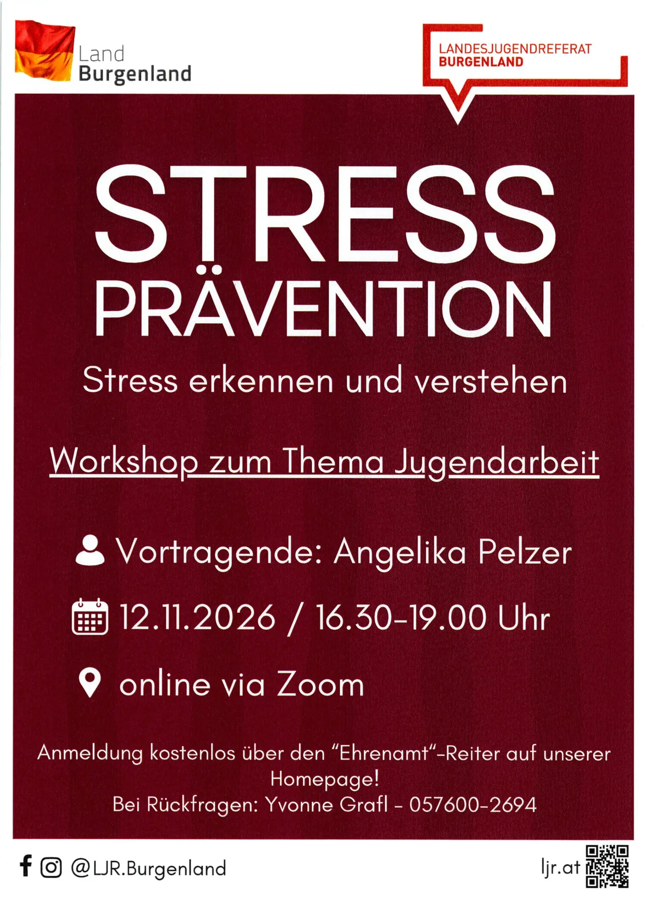 Ein Plakat für ein Stresspräventions-Workshop für Jugendarbeit, mit einem roten Hintergrund und weißen Text, Datum, Uhrzeit und Kontaktinformationen.