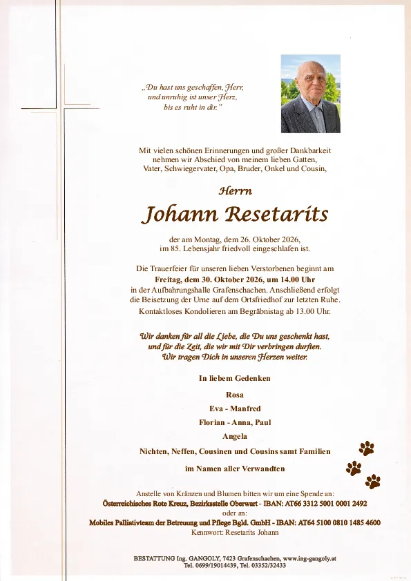Ein Gedenkzettel für Johann Resetarits, der am 26. Oktober 2026 im Alter von 85 Jahren verstarb. Die Karte enthält ein Foto von Johann, eine herzliche Nachricht und Details zu seiner Beerdigung und Bestattung.
