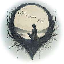 Eine Silhouette einer Frau sitzt in einem nestartigen Rahmen. Der Rahmen ist dunkel und komplex, erinnert an Wurzeln. Der Hintergrund ist ein ruhiger Wasserkörper mit einem Hauch von Sonnenuntergang. Der Text 'Chloris Horsten Kunst' ist oben angezeigt.