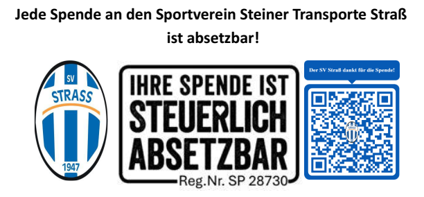 Plakat zeigt das Logo von SV Strass, einen QR-Code und eine Registrierungsnummer. Der Text lautet 'Ihre Spende ist steuerlich absetzbar'. Registrierungsnummer: SP 28730. Gründungsjahr: 1947.