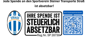 Plakat zeigt das Logo von SV Strass, einen QR-Code und eine Registrierungsnummer. Der Text lautet 'Ihre Spende ist steuerlich absetzbar'. Registrierungsnummer: SP 28730. Gründungsjahr: 1947.