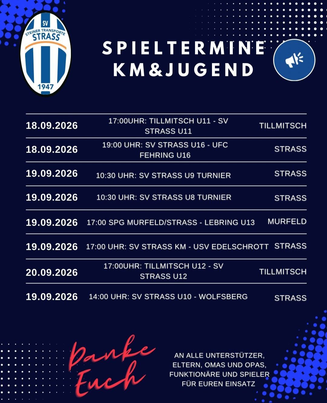 Ein blau-weißes Sportteam-Zeitplan für September 2026 mit verschiedenen Spielen von Teams wie Tillmitsch, Strass und anderen. Die Spiele sind für verschiedene Daten und Zeiten geplant.