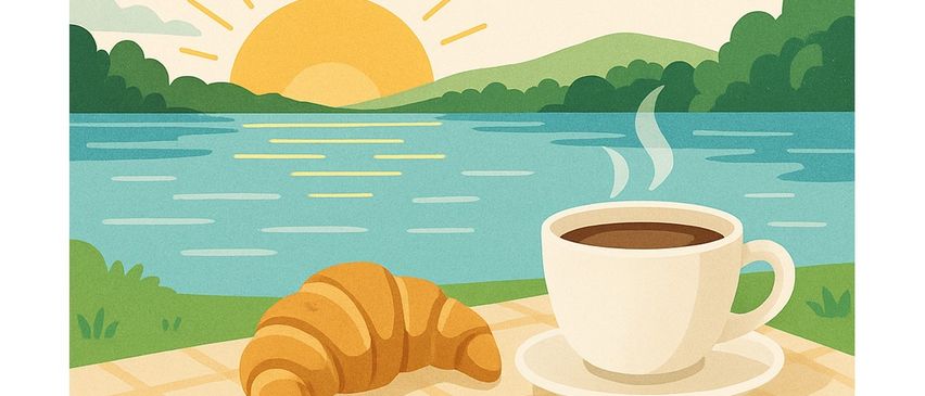 Ein Plakat für ein Frühstücksevent am Steinbrunner See, mit Croissant und Kaffee an einem sonnigen Tag, mit Details zum Event am 7. September 2025.