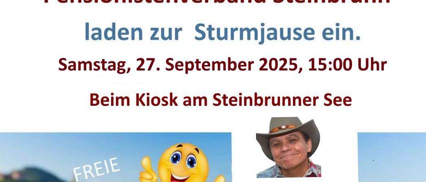 Plakat für eine Weinprobe am Steinbrunner See am 27. September 2025. Beinhaltet ein Foto eines lächelnden Mannes, ein Daumen-hoch-Emoji und zwei Gläser mit Getränken.
